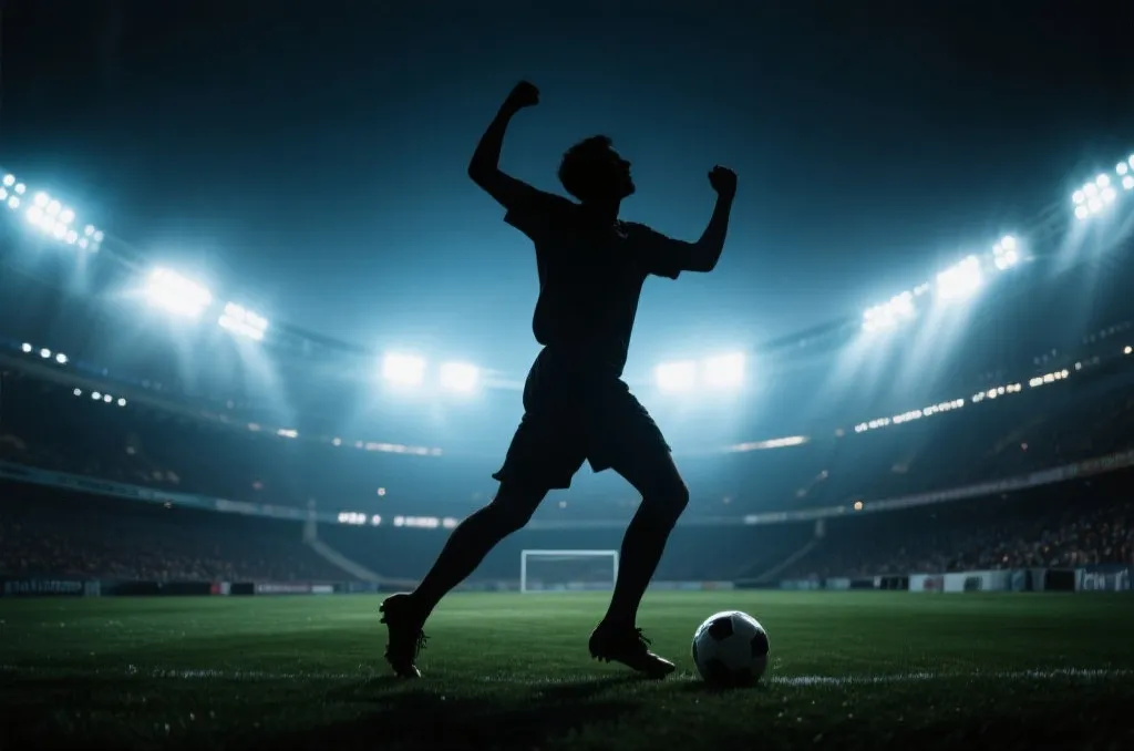 Silhouette of a football player celebrating a late goal in a stadium, bright stadium lights, cinematic atmosphere
